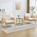 GustoWave Fauteuil d'appoint en bois et rotin 2 pièces avec revêtement en tissu de lin, fauteuil de salon avec coussin moelleux pour le salon, beige