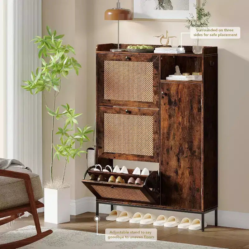 Meuble à chaussures COZONY avec tiroirs basculants, étagères réglables à 3 niveaux pour entrée, design peu encombrant pour l'entrée.