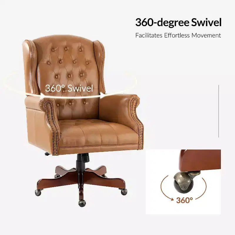 Fauteuil de bureau de direction Amadeo en similicuir traditionnel avec base en bois massif et dossier capitonné | HULALA HOME