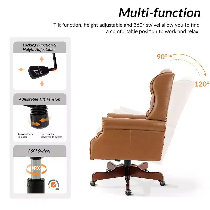 Fauteuil de bureau de direction Amadeo en similicuir traditionnel avec base en bois massif et dossier capitonné | HULALA HOME