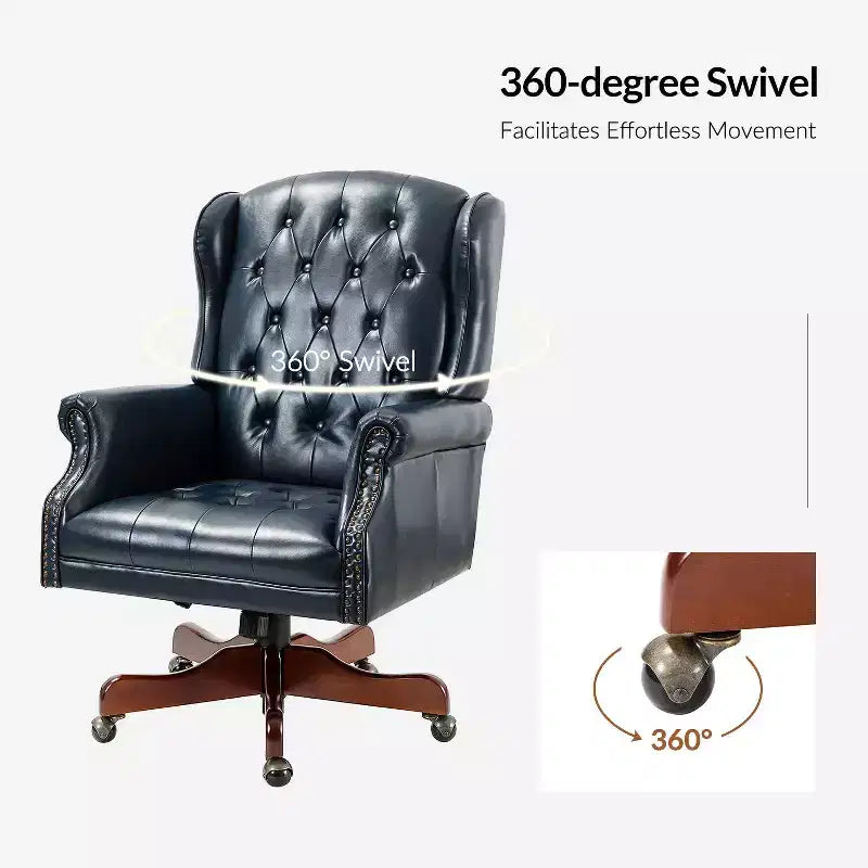 Fauteuil de bureau de direction Amadeo en similicuir traditionnel avec base en bois massif et dossier capitonné | HULALA HOME
