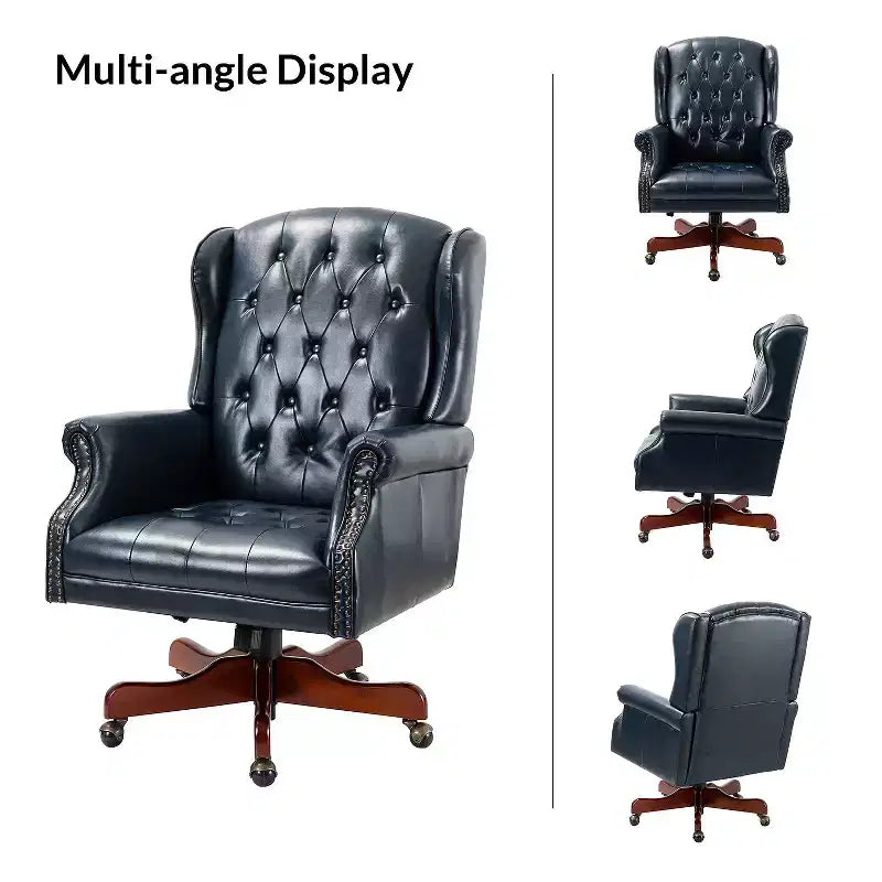 Fauteuil de bureau de direction Amadeo en similicuir traditionnel avec base en bois massif et dossier capitonné | HULALA HOME