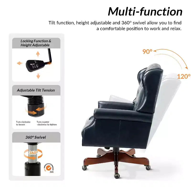 Fauteuil de bureau de direction Amadeo en similicuir traditionnel avec base en bois massif et dossier capitonné | HULALA HOME