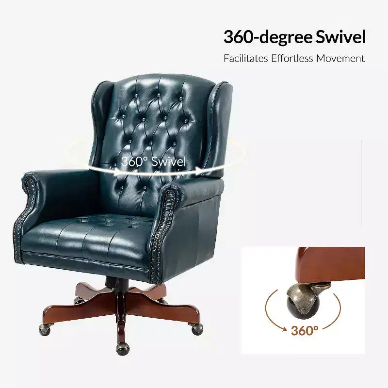 Fauteuil de bureau de direction Amadeo en similicuir traditionnel avec base en bois massif et dossier capitonné | HULALA HOME