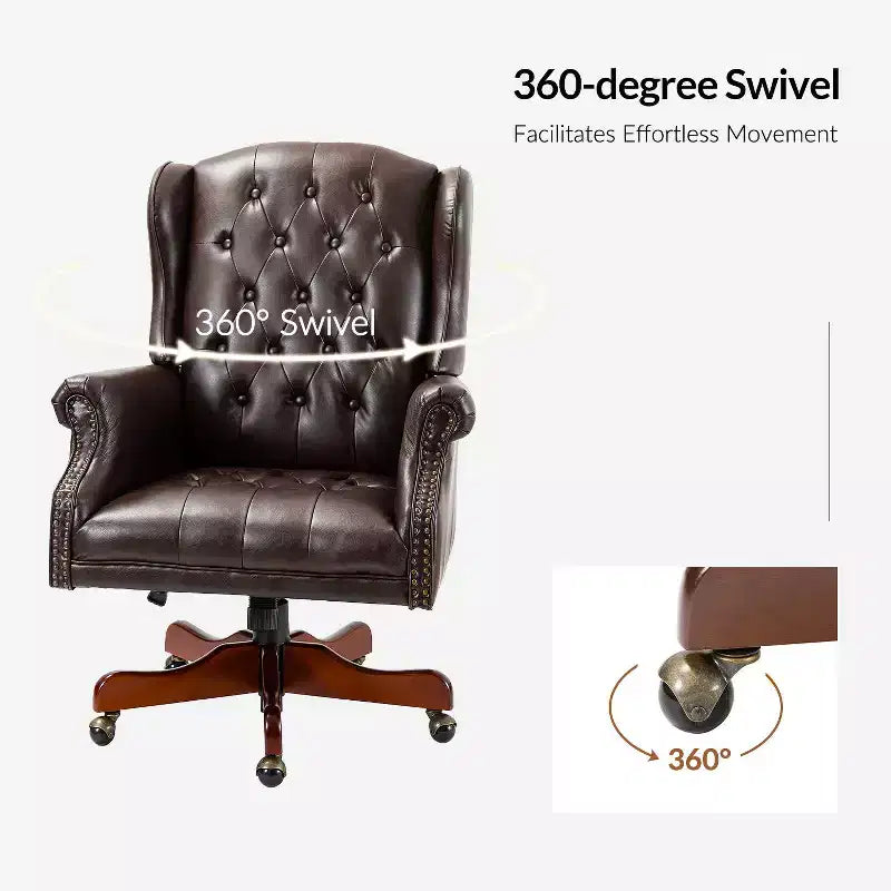 Fauteuil de bureau de direction Amadeo en similicuir traditionnel avec base en bois massif et dossier capitonné | HULALA HOME