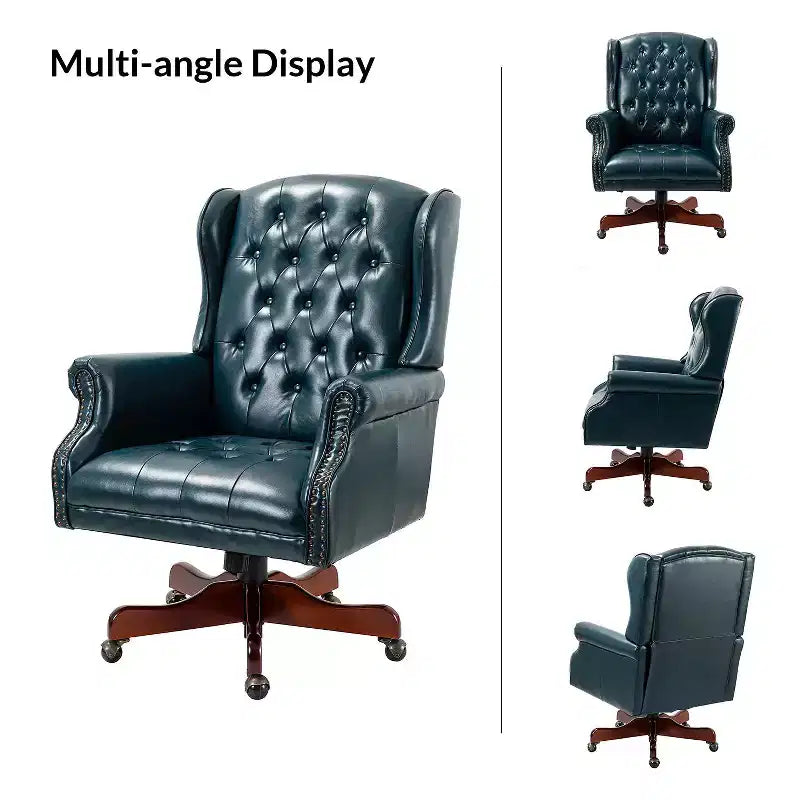 Fauteuil de bureau de direction Amadeo en similicuir traditionnel avec base en bois massif et dossier capitonné | HULALA HOME