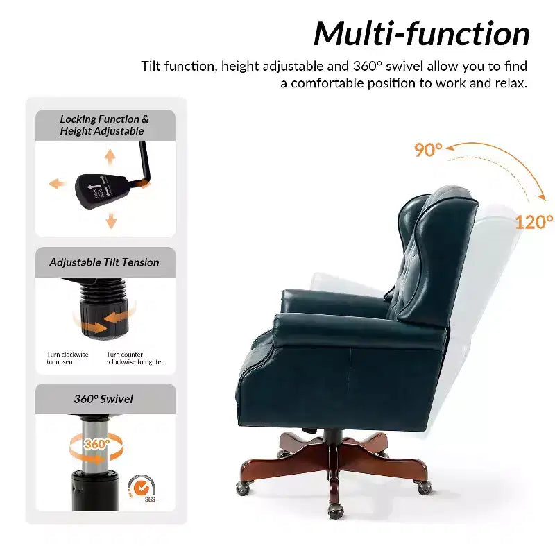 Fauteuil de bureau de direction Amadeo en similicuir traditionnel avec base en bois massif et dossier capitonné | HULALA HOME