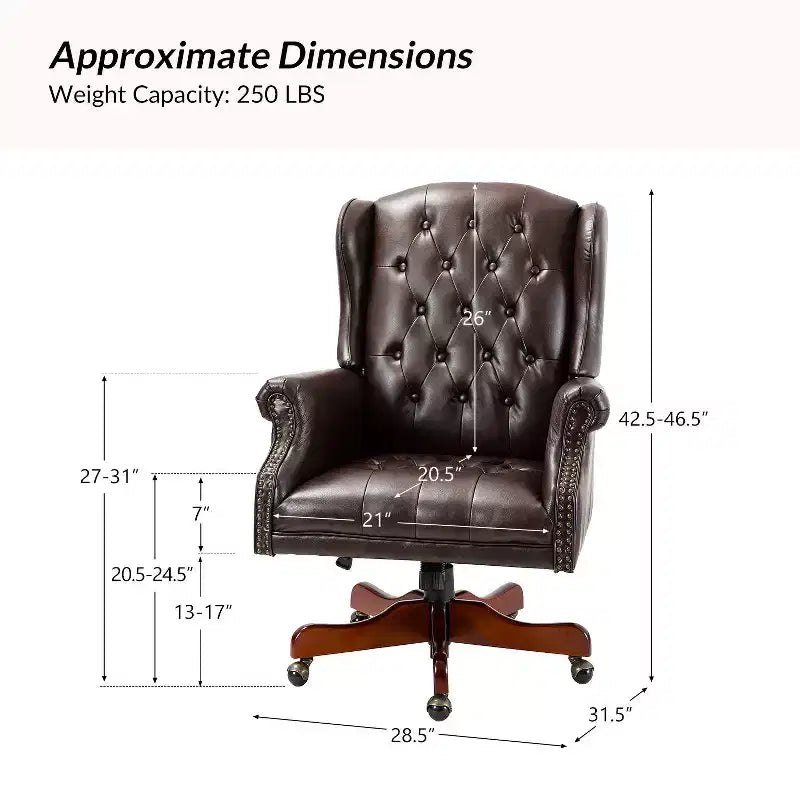 Fauteuil de bureau de direction Amadeo en similicuir traditionnel avec base en bois massif et dossier capitonné | HULALA HOME