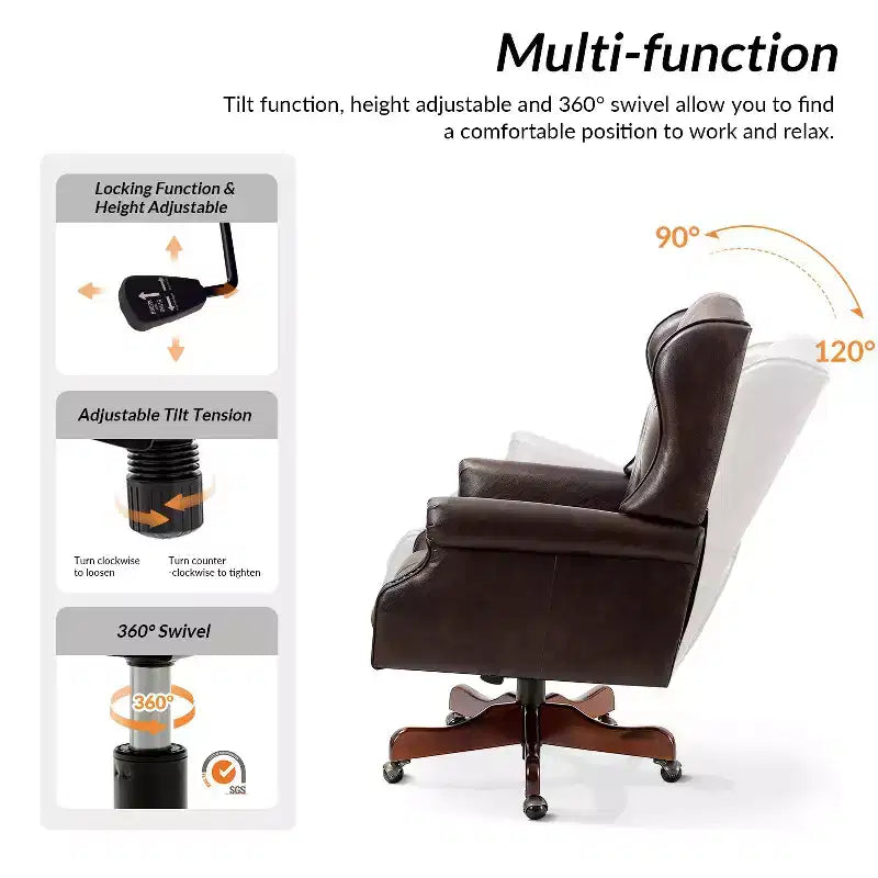 Fauteuil de bureau de direction Amadeo en similicuir traditionnel avec base en bois massif et dossier capitonné | HULALA HOME