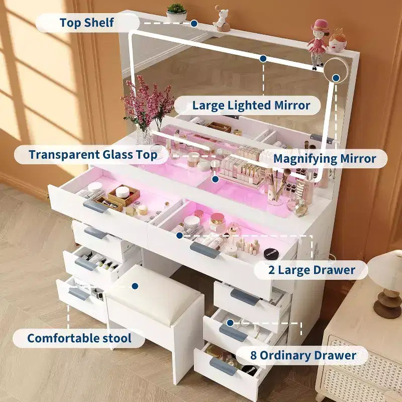 Ensemble de coiffeuse, coiffeuse moderne, coiffeuse avec plateau en verre, avec tabouret, support pour sèche-cheveux, 10 tiroirs, pour salon.