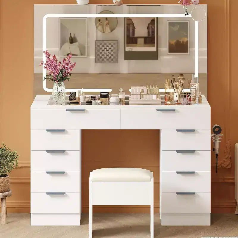 Ensemble de coiffeuse, coiffeuse moderne, coiffeuse avec plateau en verre, avec tabouret, support pour sèche-cheveux, 10 tiroirs, pour salon.