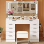 Ensemble de coiffeuse, coiffeuse moderne, coiffeuse avec plateau en verre, avec tabouret, support pour sèche-cheveux, 10 tiroirs, pour salon.