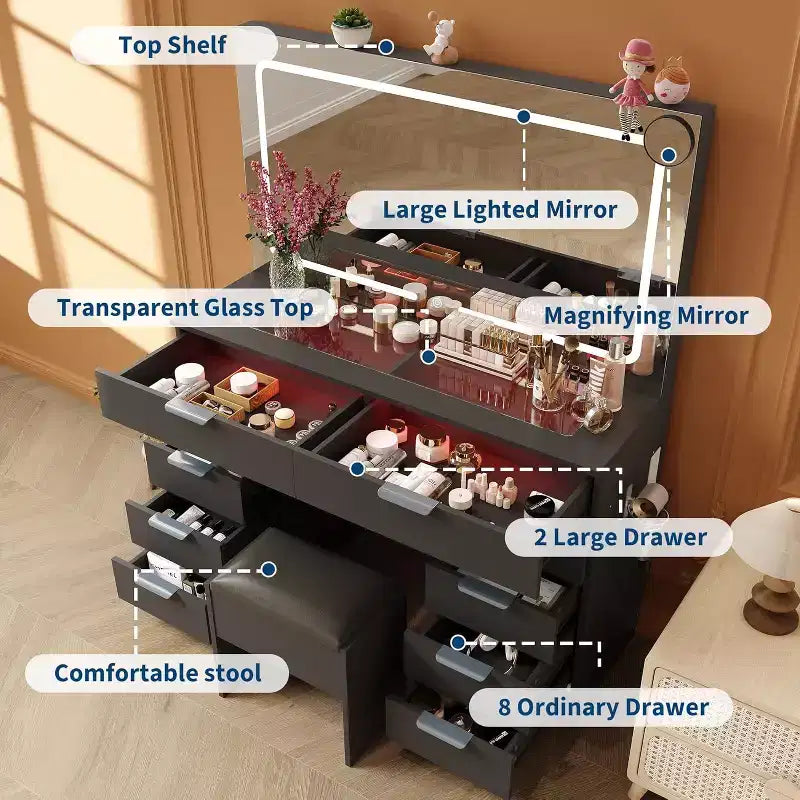 Ensemble de coiffeuse, coiffeuse moderne, coiffeuse avec plateau en verre, avec tabouret, support pour sèche-cheveux, 10 tiroirs, pour salon.