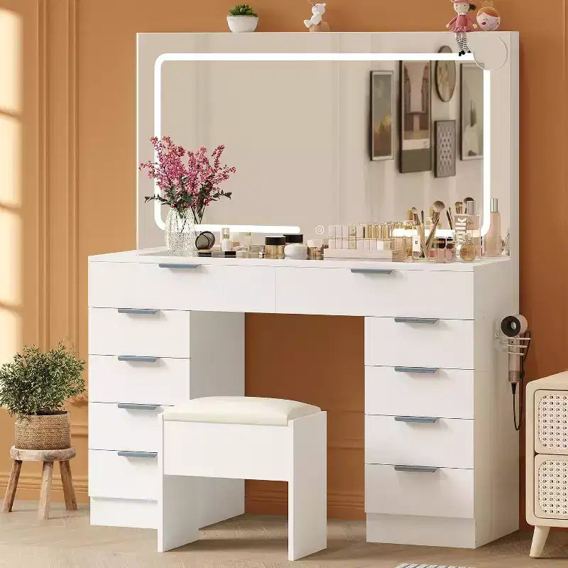 Ensemble de coiffeuse, coiffeuse moderne, coiffeuse avec plateau en verre, avec tabouret, support pour sèche-cheveux, 10 tiroirs, pour salon.