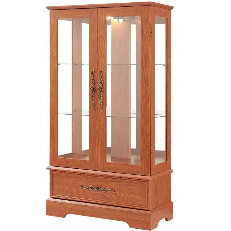 Meuble vitrine Okak, meuble de rangement avec 2 portes vitrées et 1 tiroir, meuble autoportant pour salon, couloir, bureau