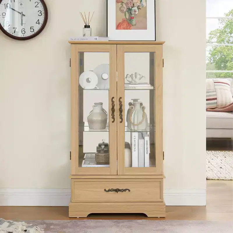 Meuble vitrine Okak, meuble de rangement avec 2 portes vitrées et 1 tiroir, meuble autoportant pour salon, couloir, bureau