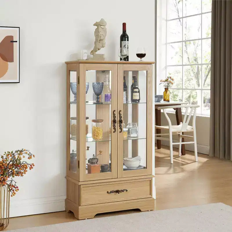 Meuble vitrine Okak, meuble de rangement avec 2 portes vitrées et 1 tiroir, meuble autoportant pour salon, couloir, bureau