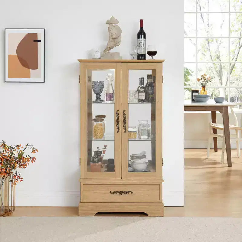 Meuble vitrine Okak, meuble de rangement avec 2 portes vitrées et 1 tiroir, meuble autoportant pour salon, couloir, bureau