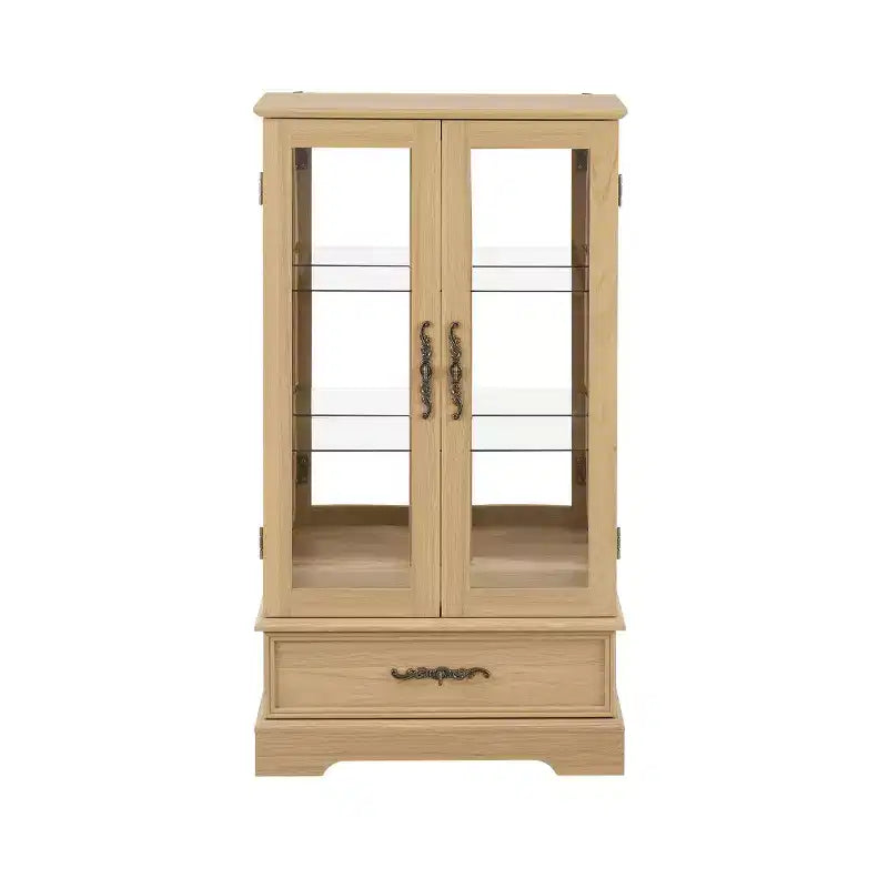 Meuble vitrine Okak, meuble de rangement avec 2 portes vitrées et 1 tiroir, meuble autoportant pour salon, couloir, bureau