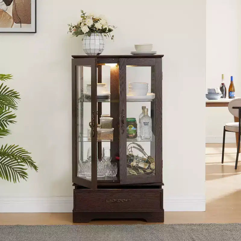 Meuble vitrine Okak, meuble de rangement avec 2 portes vitrées et 1 tiroir, meuble autoportant pour salon, couloir, bureau