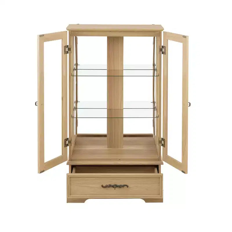 Meuble vitrine Okak, meuble de rangement avec 2 portes vitrées et 1 tiroir, meuble autoportant pour salon, couloir, bureau