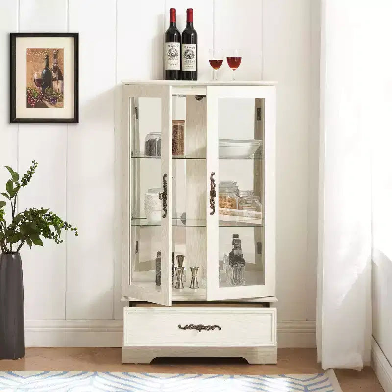 Meuble vitrine Okak, meuble de rangement avec 2 portes vitrées et 1 tiroir, meuble autoportant pour salon, couloir, bureau