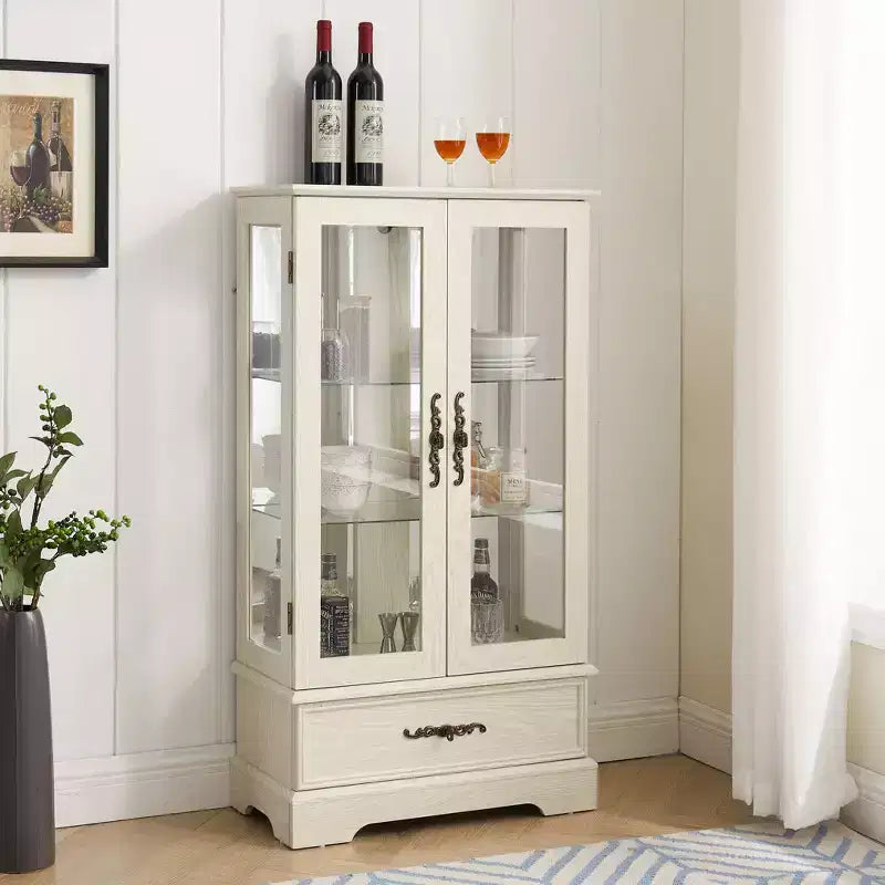 Meuble vitrine Okak, meuble de rangement avec 2 portes vitrées et 1 tiroir, meuble autoportant pour salon, couloir, bureau