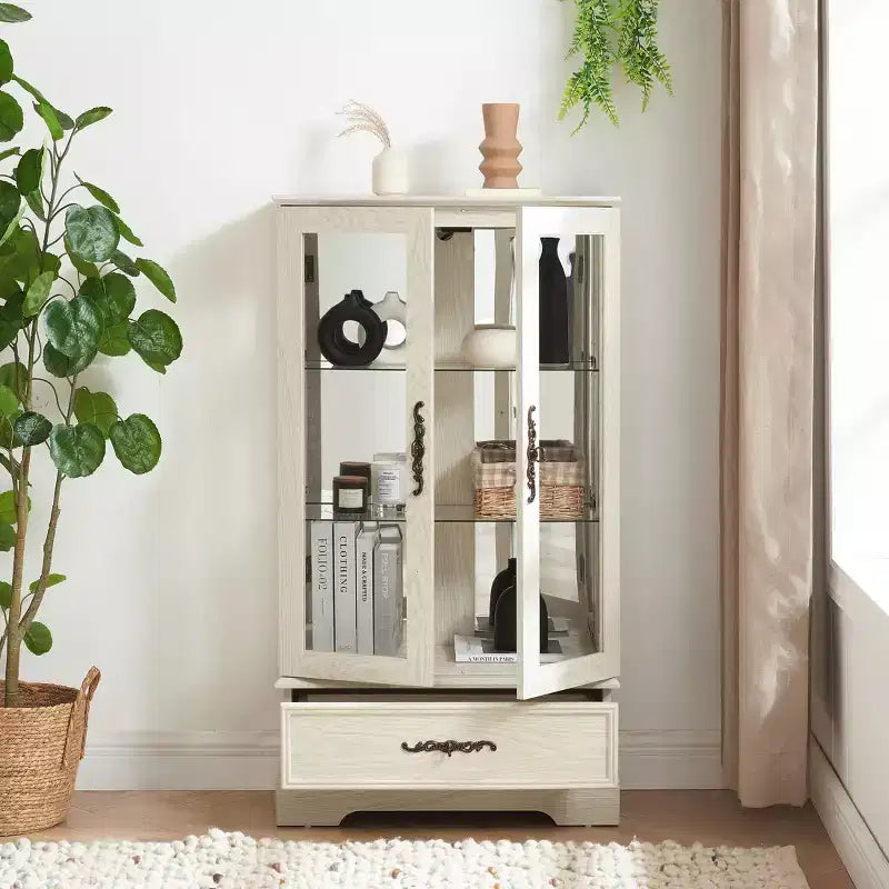 Meuble vitrine Okak, meuble de rangement avec 2 portes vitrées et 1 tiroir, meuble autoportant pour salon, couloir, bureau