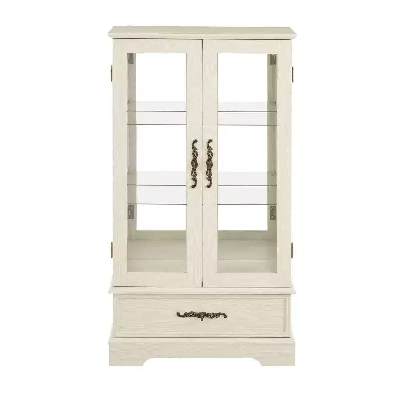 Meuble vitrine Okak, meuble de rangement avec 2 portes vitrées et 1 tiroir, meuble autoportant pour salon, couloir, bureau
