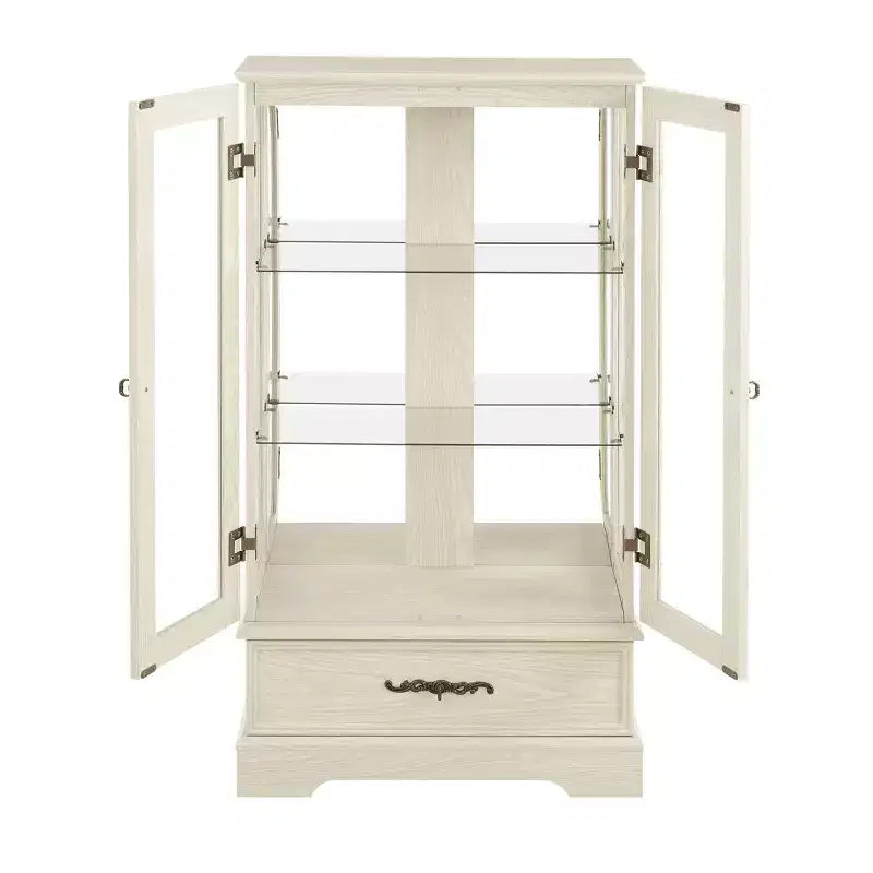 Meuble vitrine Okak, meuble de rangement avec 2 portes vitrées et 1 tiroir, meuble autoportant pour salon, couloir, bureau