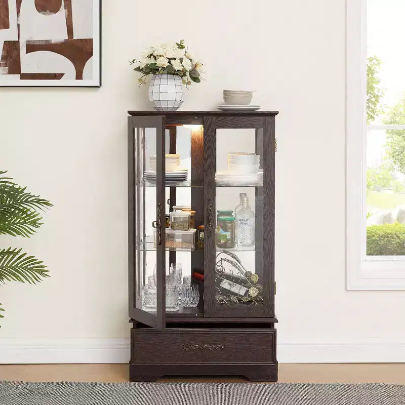 Meuble vitrine Okak, meuble de rangement avec 2 portes vitrées et 1 tiroir, meuble autoportant pour salon, couloir, bureau