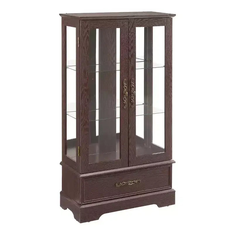Meuble vitrine Okak, meuble de rangement avec 2 portes vitrées et 1 tiroir, meuble autoportant pour salon, couloir, bureau