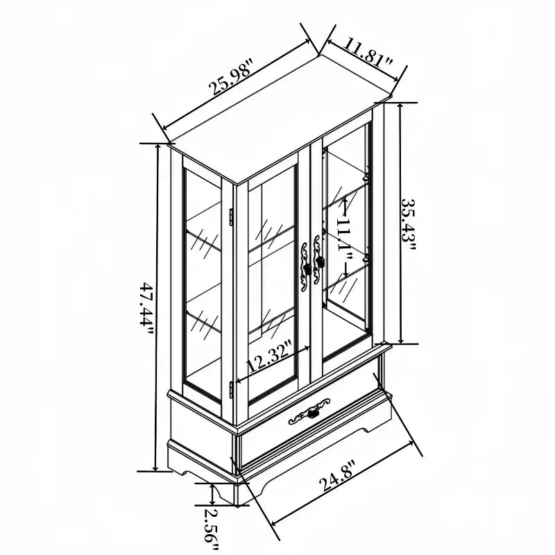Meuble vitrine Okak, meuble de rangement avec 2 portes vitrées et 1 tiroir, meuble autoportant pour salon, couloir, bureau