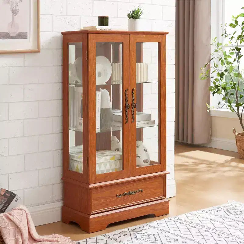 Meuble vitrine Okak, meuble de rangement avec 2 portes vitrées et 1 tiroir, meuble autoportant pour salon, couloir, bureau