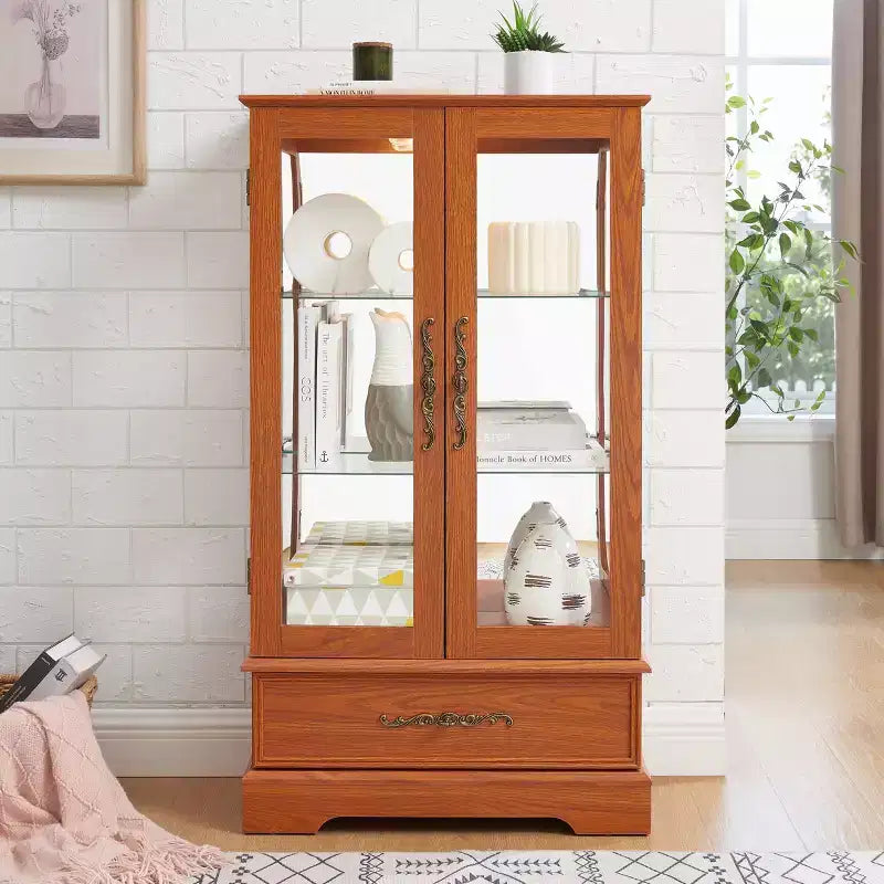 Meuble vitrine Okak, meuble de rangement avec 2 portes vitrées et 1 tiroir, meuble autoportant pour salon, couloir, bureau