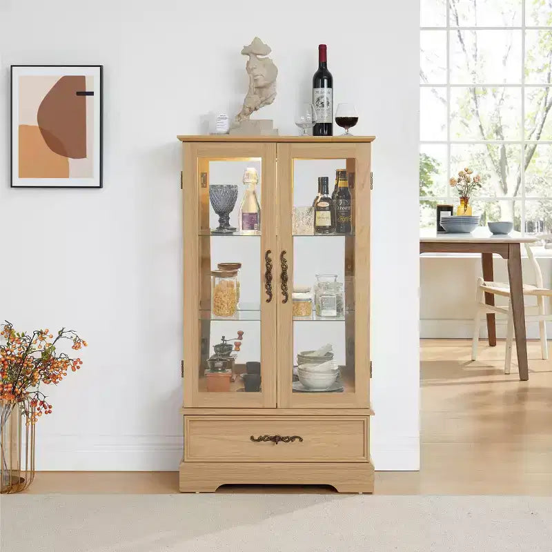 Meuble vitrine Okak, meuble de rangement avec 2 portes vitrées et 1 tiroir, meuble autoportant pour salon, couloir, bureau