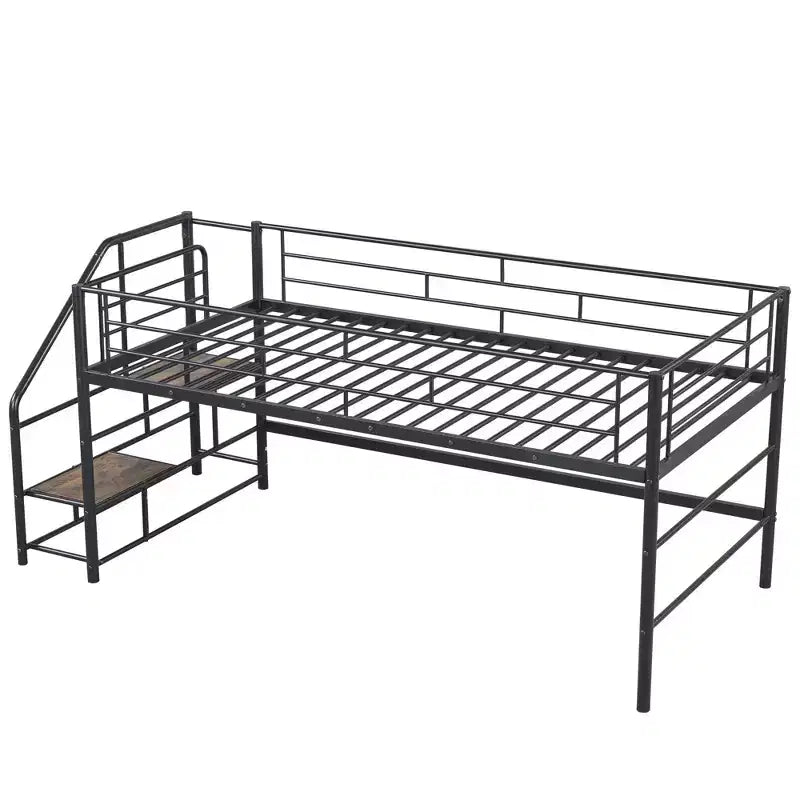 Lit mi-hauteur double avec escalier de rangement, cadre de lit mezzanine en métal avec barrière de sécurité pour chambre d'enfants filles garçons