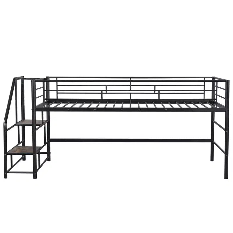 Lit mi-hauteur double avec escalier de rangement, cadre de lit mezzanine en métal avec barrière de sécurité pour chambre d'enfants filles garçons