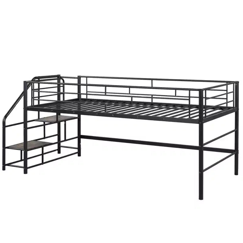 Lit mi-hauteur double avec escalier de rangement, cadre de lit mezzanine en métal avec barrière de sécurité pour chambre d'enfants filles garçons