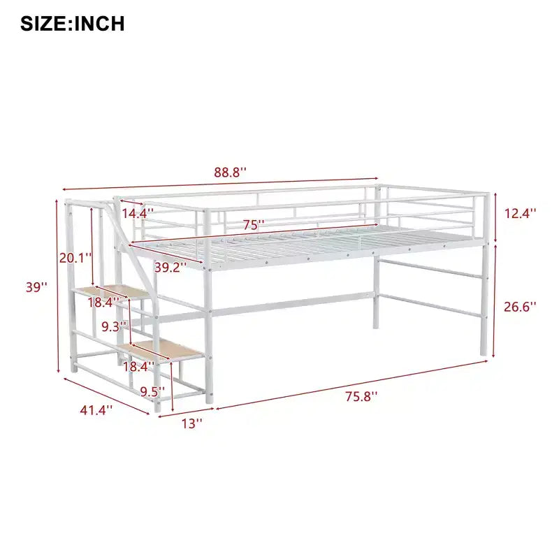 Lit mi-hauteur double avec escalier de rangement, cadre de lit mezzanine en métal avec barrière de sécurité pour chambre d'enfants filles garçons