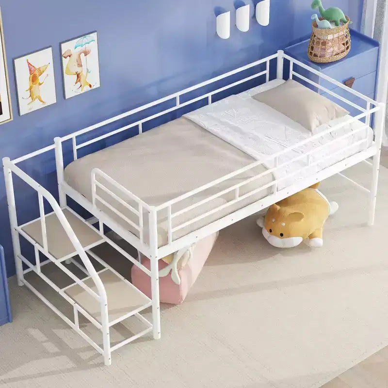 Lit mi-hauteur double avec escalier de rangement, cadre de lit mezzanine en métal avec barrière de sécurité pour chambre d'enfants filles garçons