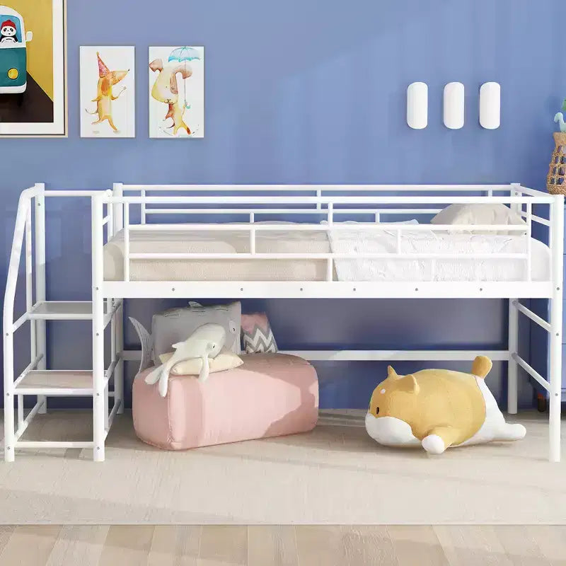 Lit mi-hauteur double avec escalier de rangement, cadre de lit mezzanine en métal avec barrière de sécurité pour chambre d'enfants filles garçons