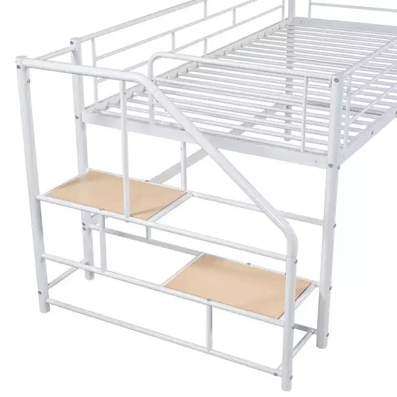 Lit mi-hauteur double avec escalier de rangement, cadre de lit mezzanine en métal avec barrière de sécurité pour chambre d'enfants filles garçons