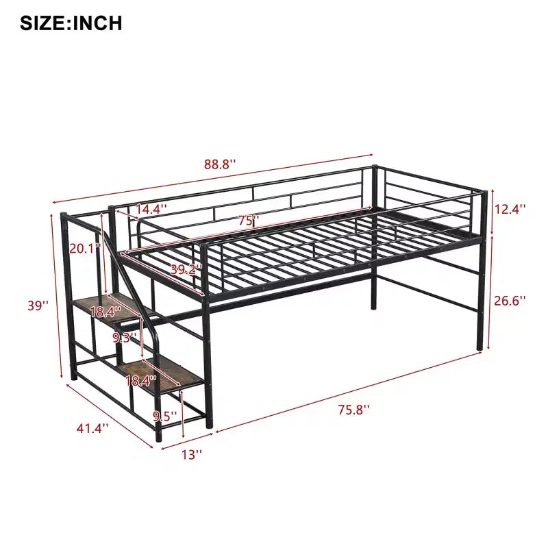 Lit mi-hauteur double avec escalier de rangement, cadre de lit mezzanine en métal avec barrière de sécurité pour chambre d'enfants filles garçons