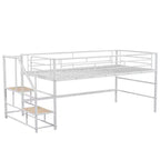Lit mi-hauteur double avec escalier de rangement, cadre de lit mezzanine en métal avec barrière de sécurité pour chambre d'enfants filles garçons