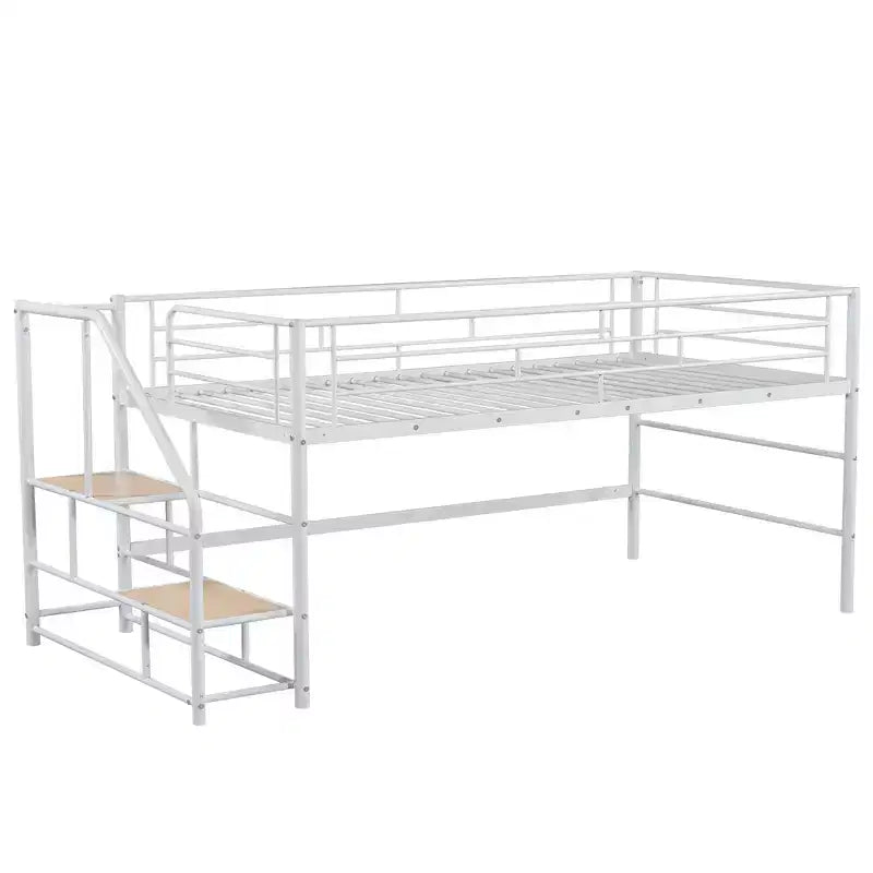 Lit mi-hauteur double avec escalier de rangement, cadre de lit mezzanine en métal avec barrière de sécurité pour chambre d'enfants filles garçons