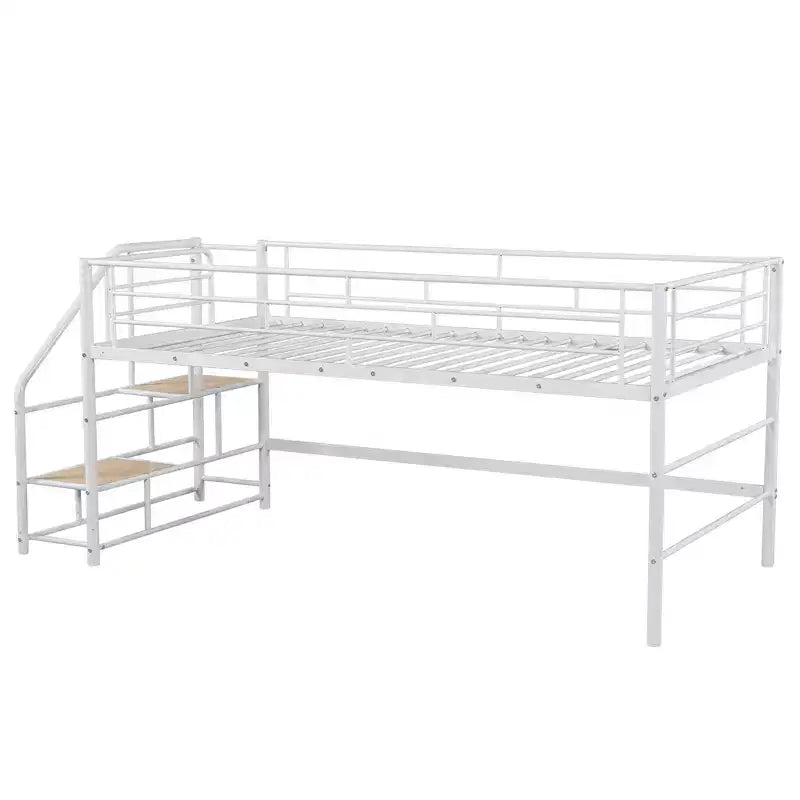 Lit mi-hauteur double avec escalier de rangement, cadre de lit mezzanine en métal avec barrière de sécurité pour chambre d'enfants filles garçons