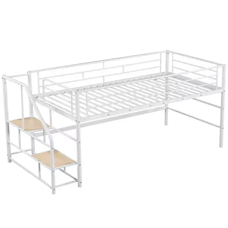 Lit mi-hauteur double avec escalier de rangement, cadre de lit mezzanine en métal avec barrière de sécurité pour chambre d'enfants filles garçons