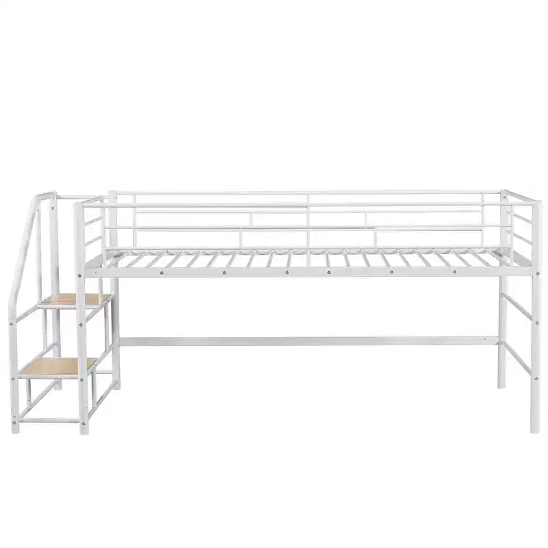 Lit mi-hauteur double avec escalier de rangement, cadre de lit mezzanine en métal avec barrière de sécurité pour chambre d'enfants filles garçons