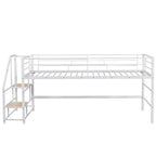 Lit mi-hauteur double avec escalier de rangement, cadre de lit mezzanine en métal avec barrière de sécurité pour chambre d'enfants filles garçons